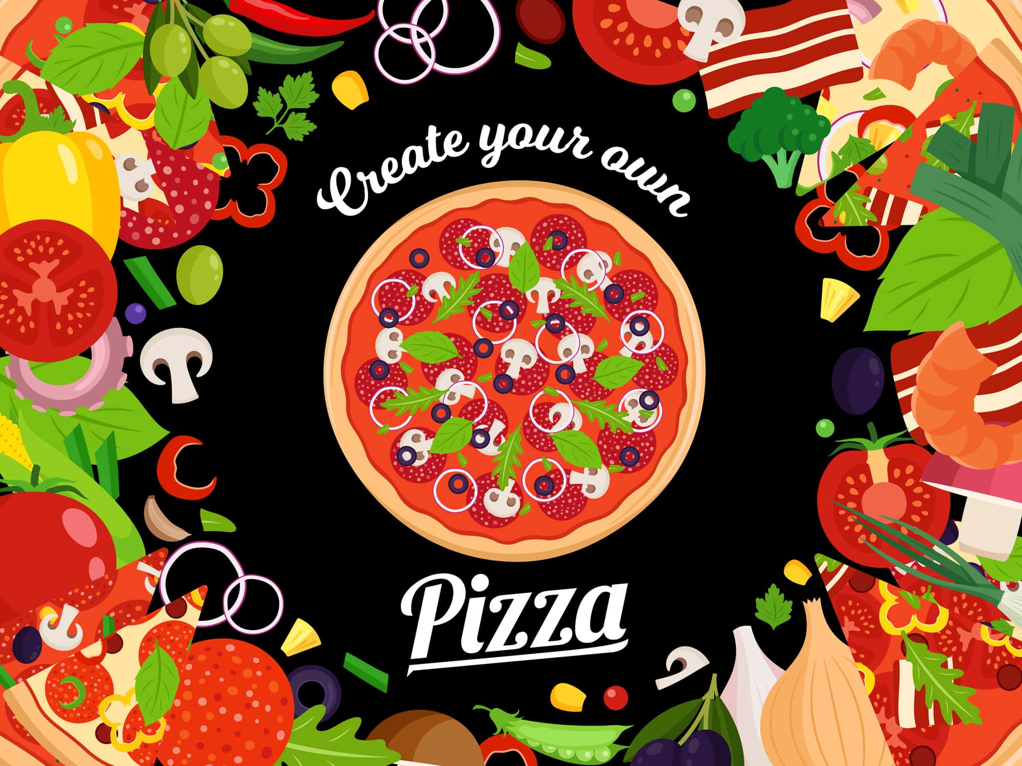 Vector pizza illustration with slices and many ingredients.