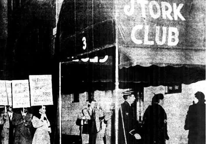 Photo of pickets at the Stork Club following the accusation of racial discrimination brought against the club by Josephine Baker
