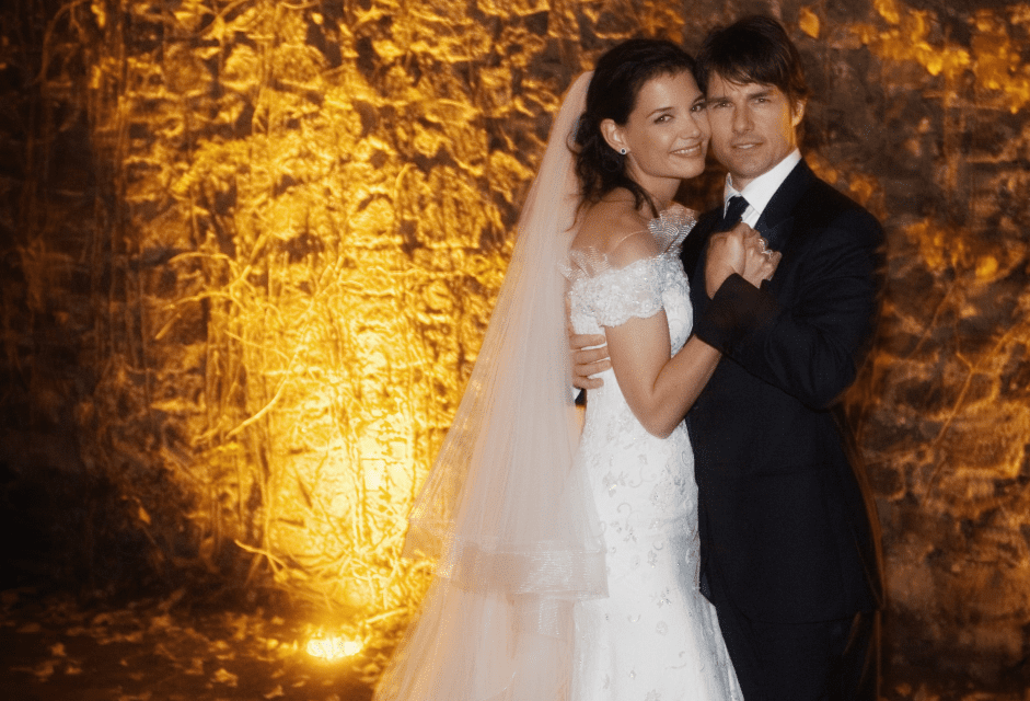 Tom Cruise and Katie Holmes pose together at Castello Odescalchi on their wedding day