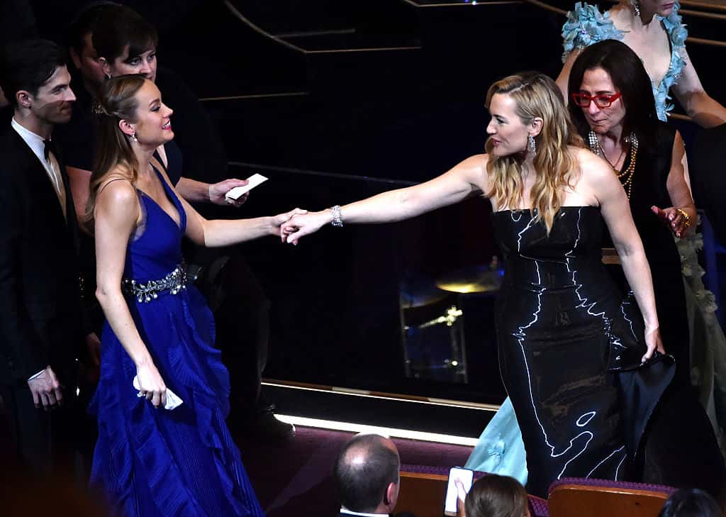 Brie Larson (L) and Kate Winslet in the audience during the 88th Annual Academy Awards