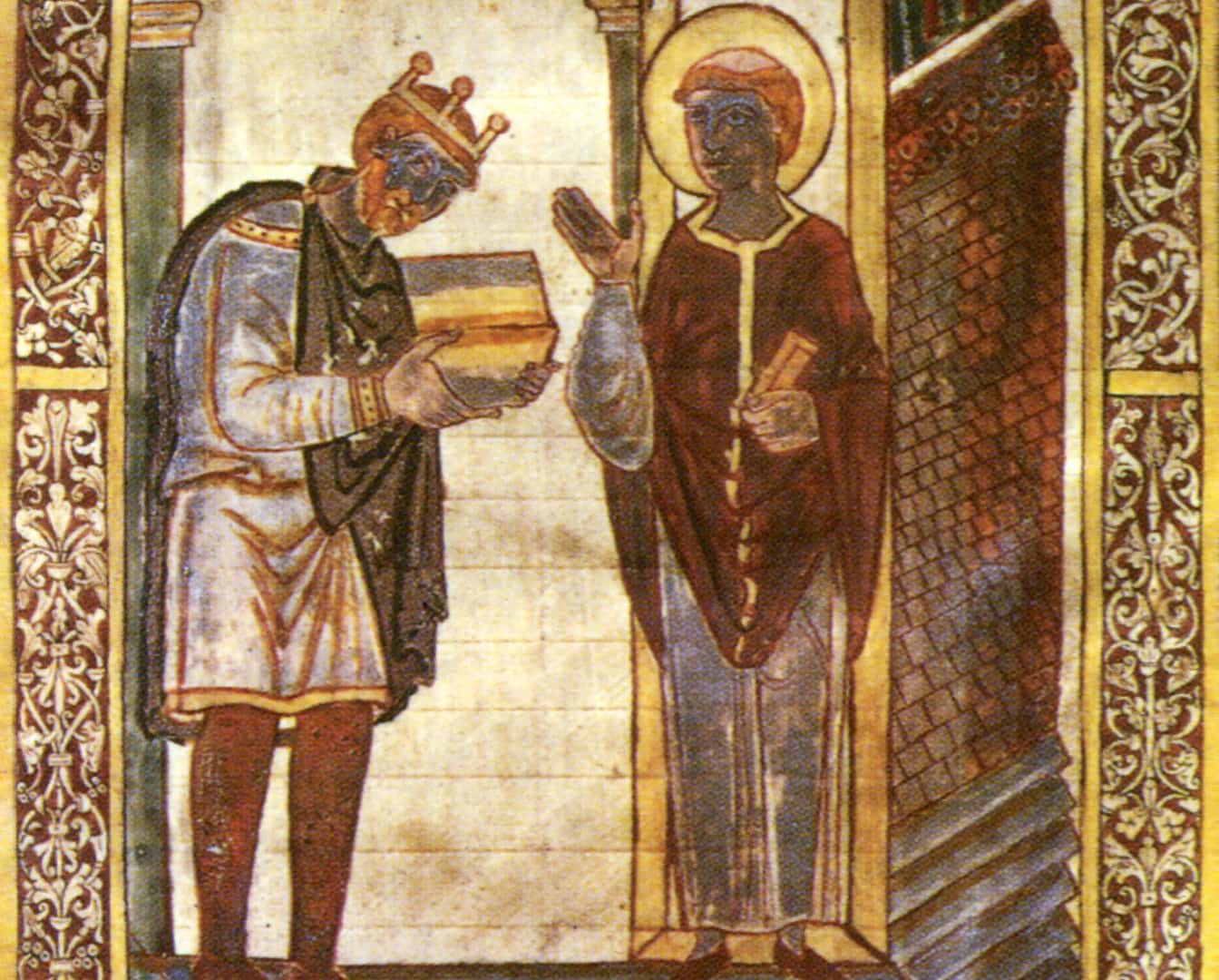  King Athelstan (left) presenting a book