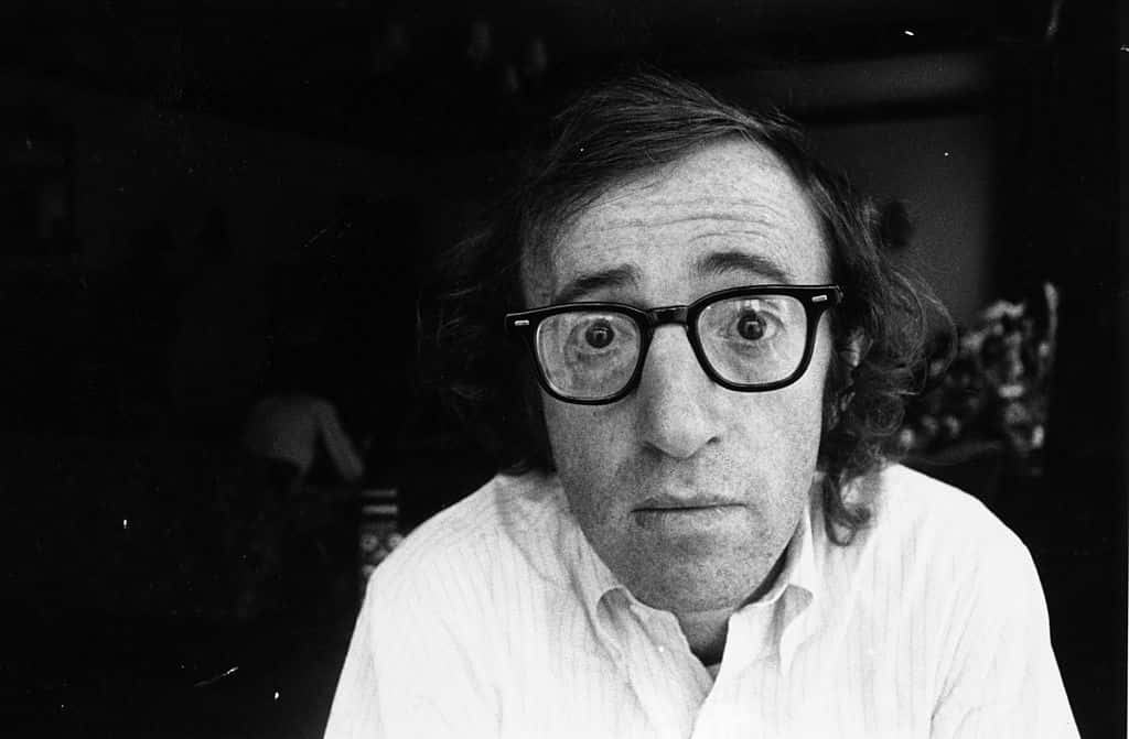 Grayscale Portrait Photo of Woody Allen, facing the camera