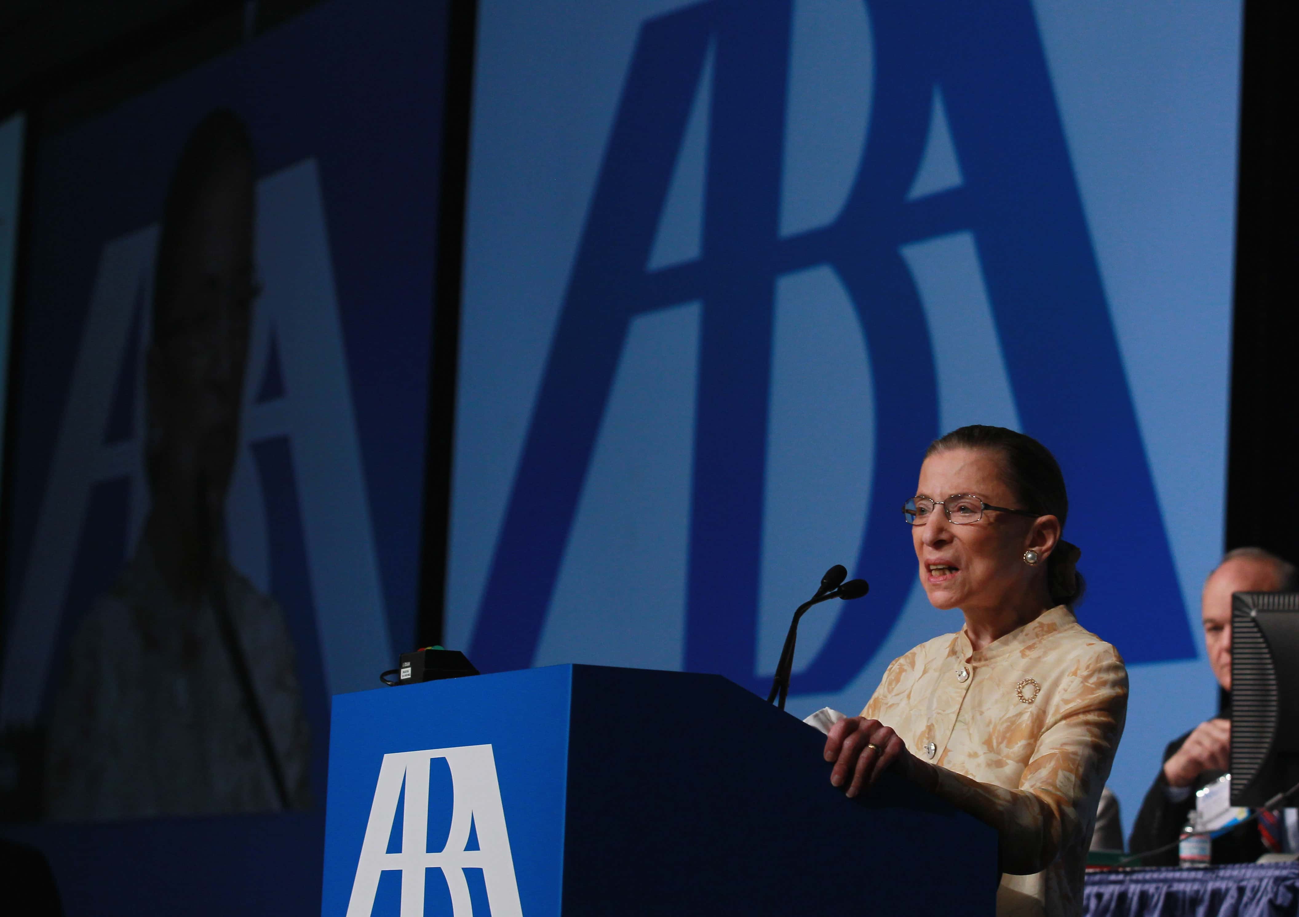 U.S. Supreme Court justice Ruth Bader Ginsburg speaks to delegates at the American Bar Association (ABA) House of Delegates