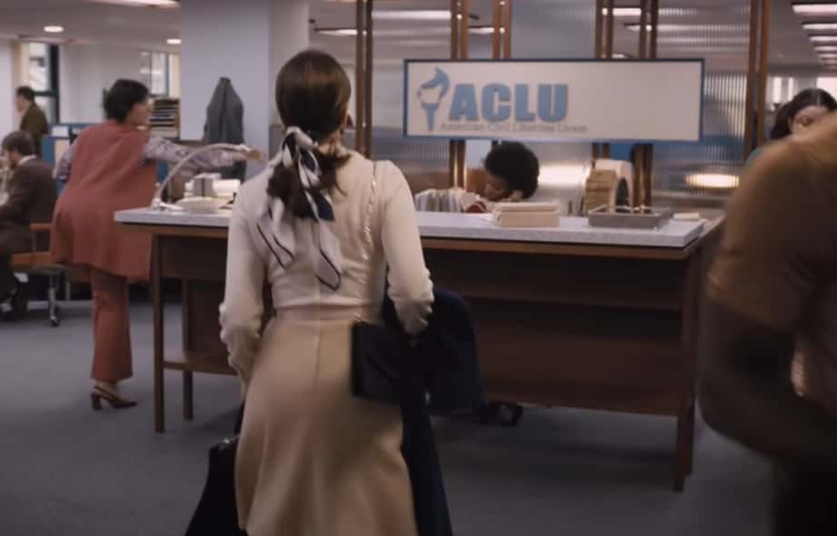 Felicity Jones as Ruth Bader Ginsburg trench coat running