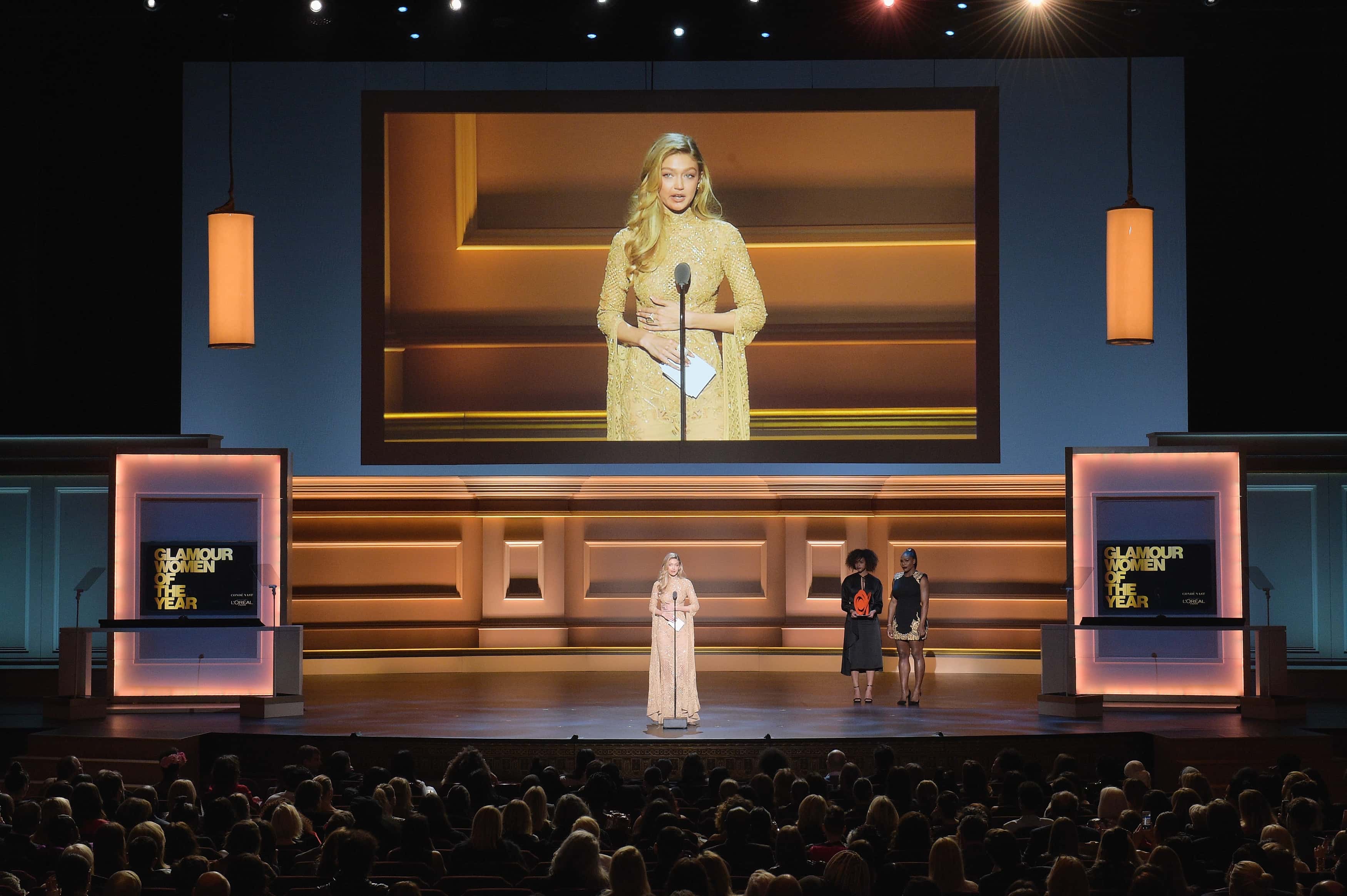 Gigi Hadid speaks onstage