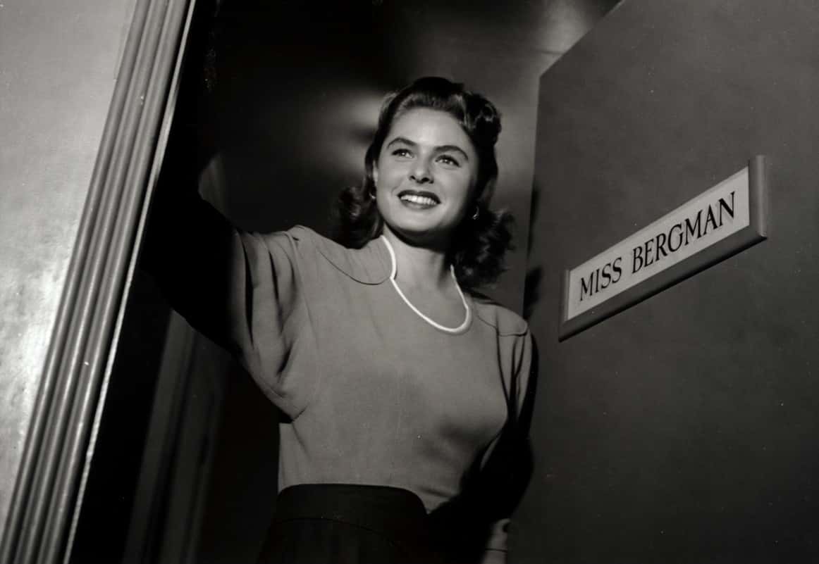 The actress Ingrid Bergman in the doorway of her dressing room in Hollywood.