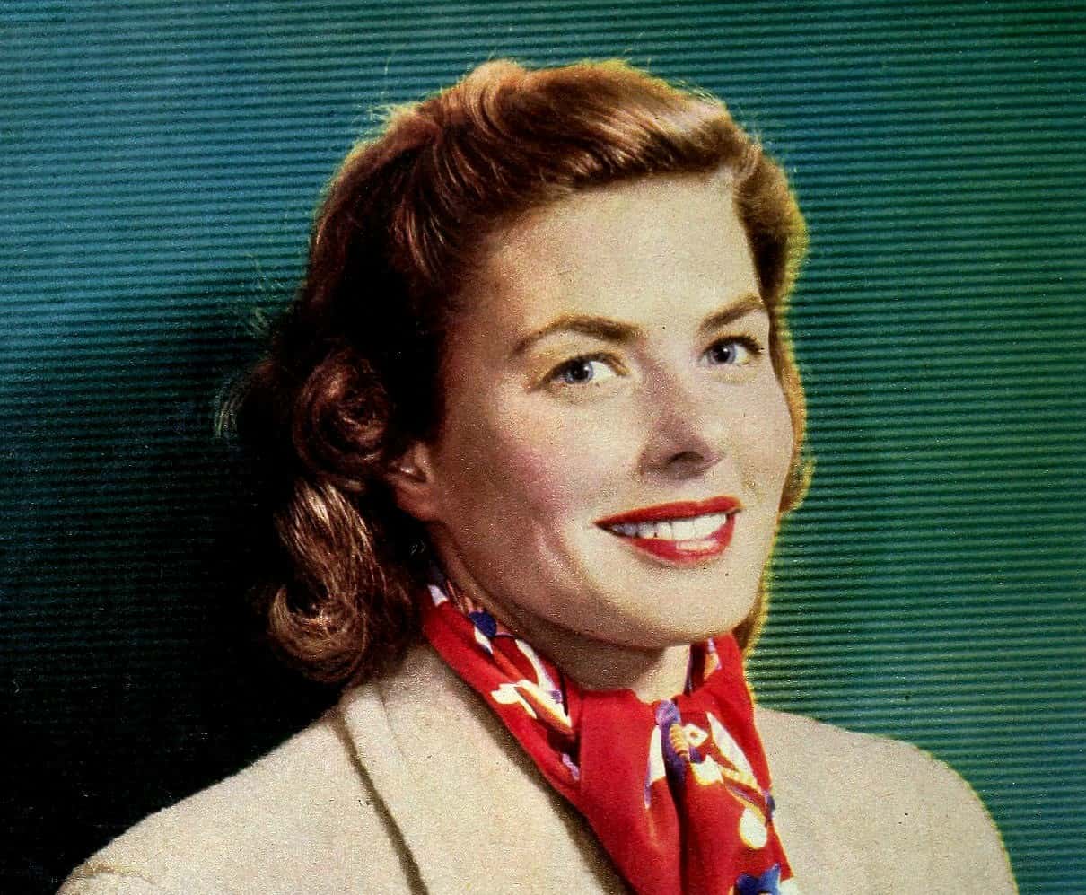 Photo of actress Ingrid Bergman in beige suit