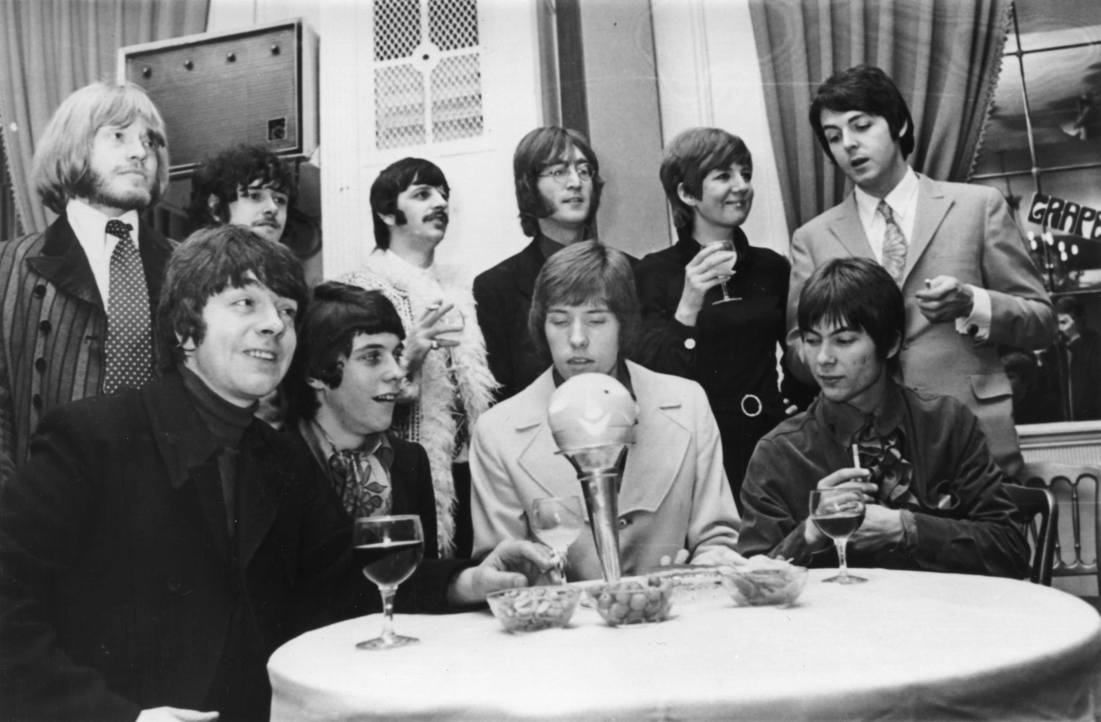 A press conference attended by (from left) Brian Jones, Donovan, Ringo Starr, John Lennon, Cilla Black and Paul McCartney to launch the pop group 'Grapefruit'
