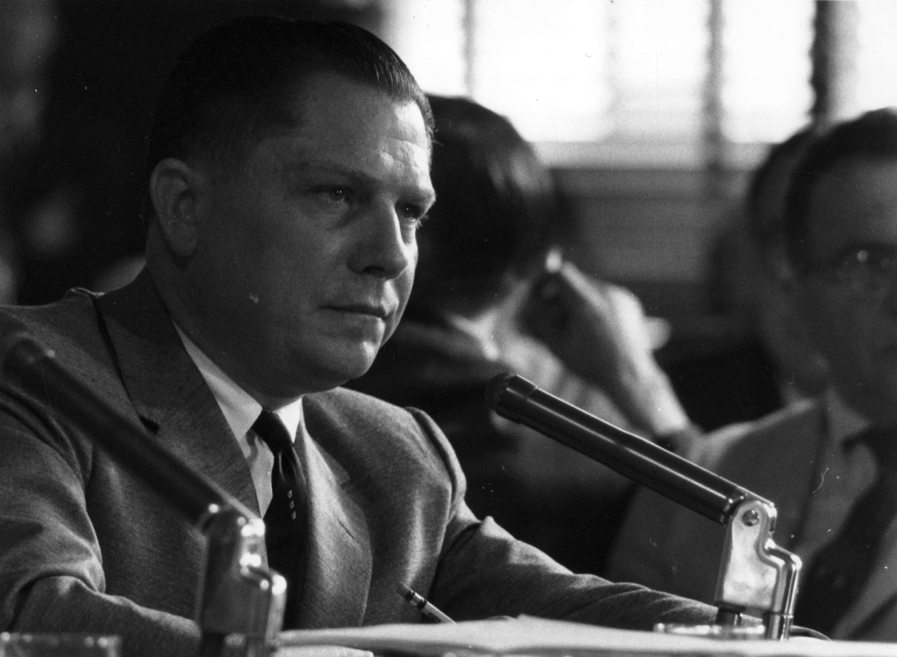 American labour leader Jimmy Hoffa (1913 - 1975), President of the Teamster's Union, testifying at a hearing investigating labour rackets.