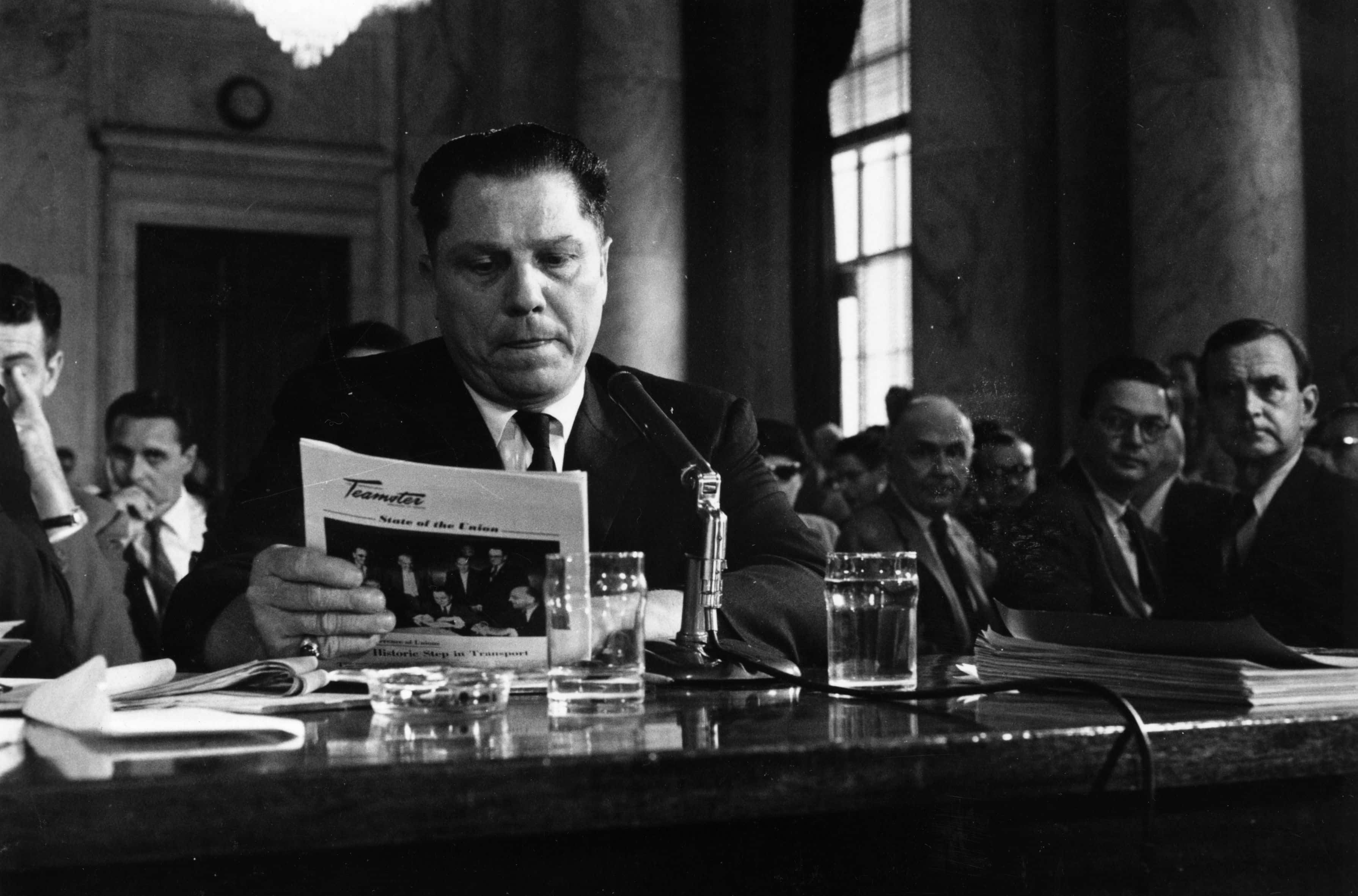 American labour leader Jimmy Hoffa (1913 - 1975), President of the Teamster's Union, testifying at a hearing into labor rackets.