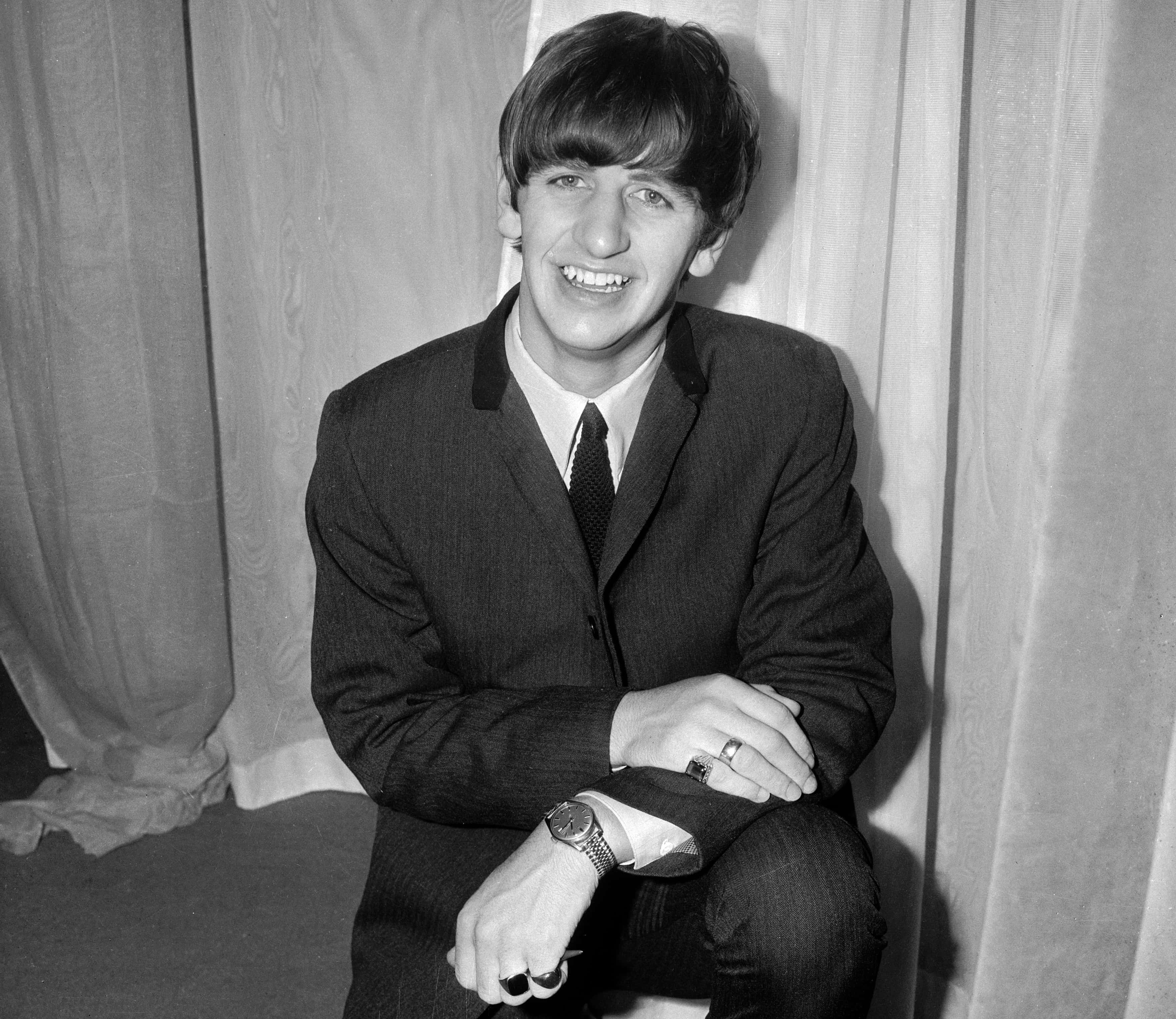 Grayscale Photo of thr Beatles drummer Ringo Starr