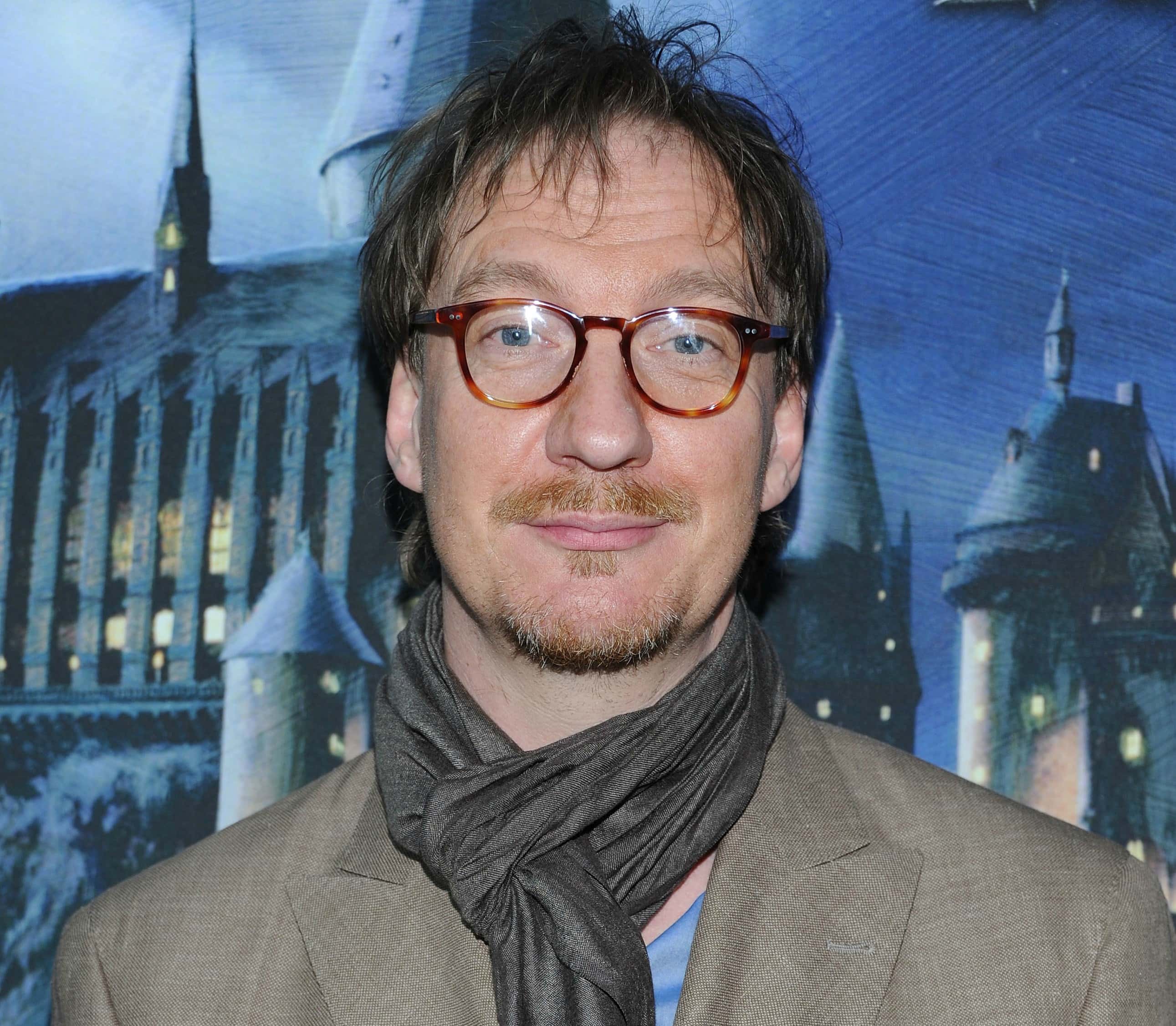 Actor David Thewlis wearing a grey scarf