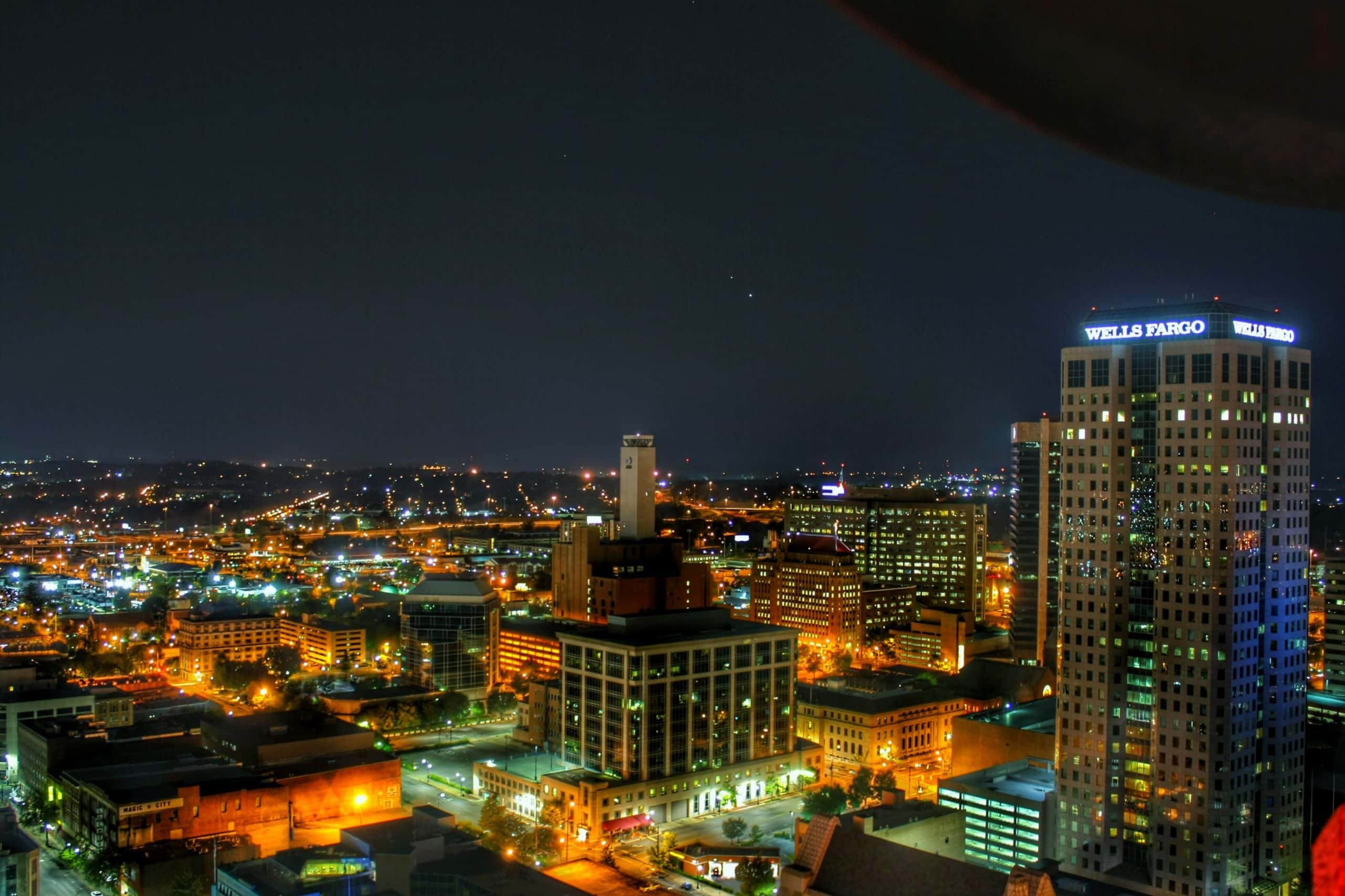 The Birmingham skyline at night from atop