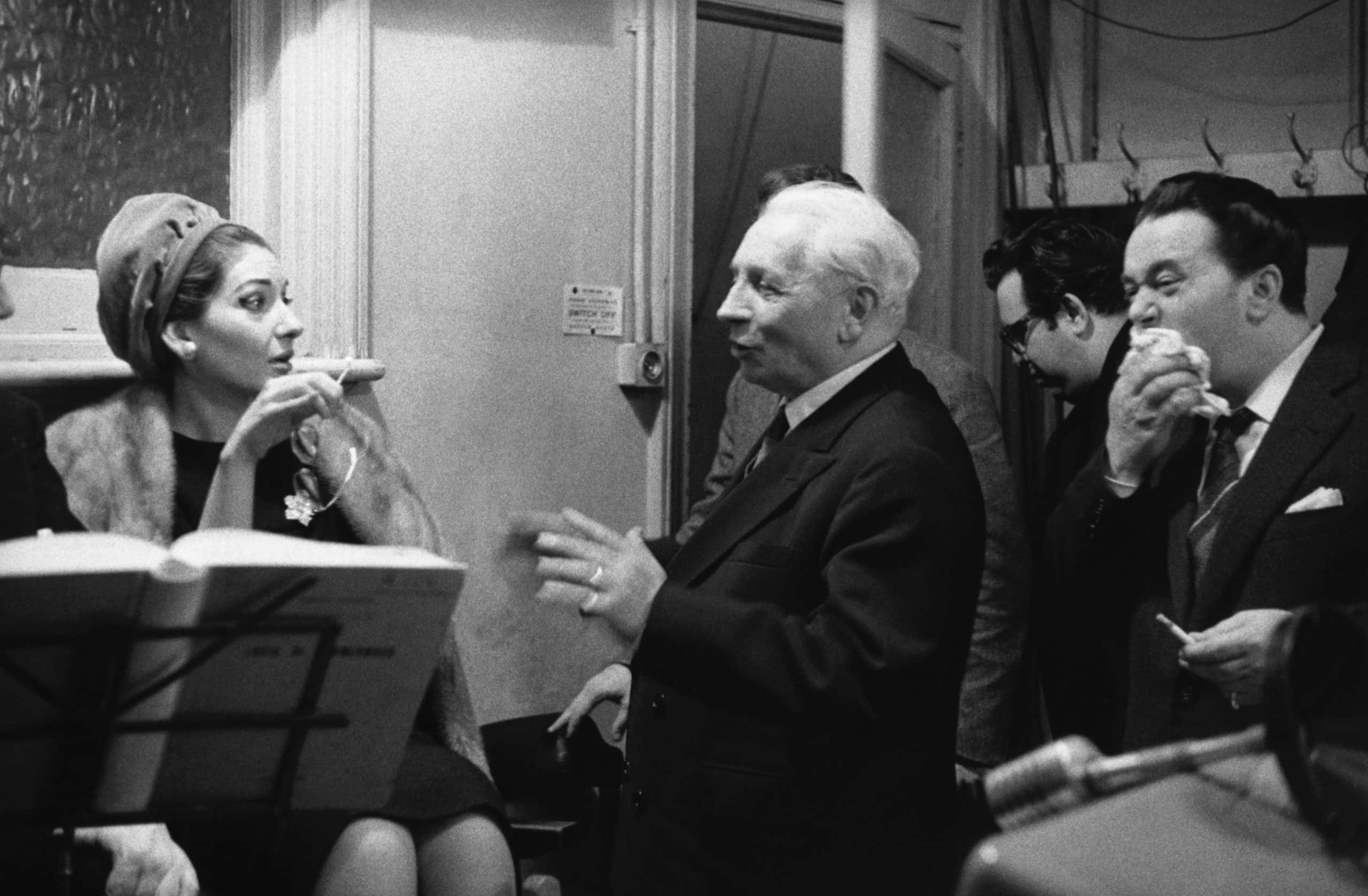 Italian conductor Tullio Serafin, with Maria Callas and tenor Ferruccio Tagliavini, at a recording session of 'Lucia di Lammermoor', at Kingsway Hall