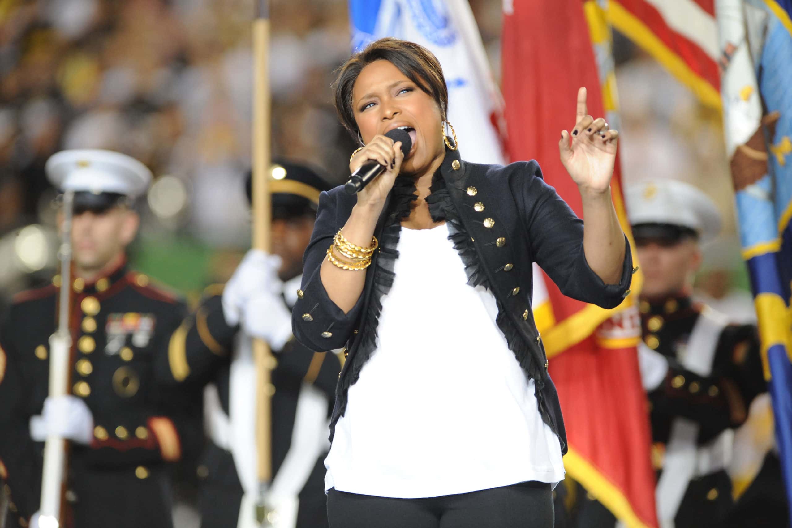 Singer Jennifer Hudson performs prior to the start of Super Bowl XLIII