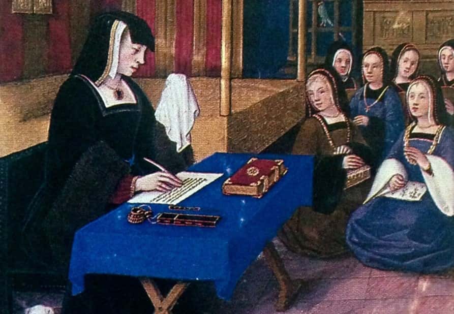 Miniature representing Anne writing to her absent husband, 1509, Épîtres de poètes royaux.