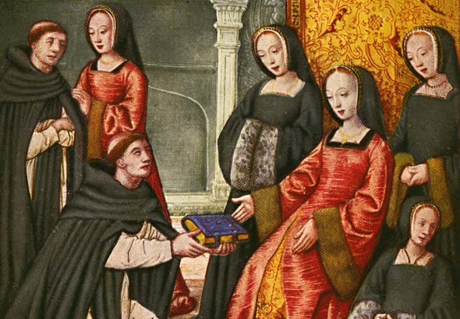 Miniature depicting Anne of Brittany receiving from Antoine Dufour the manuscript praising famous women.