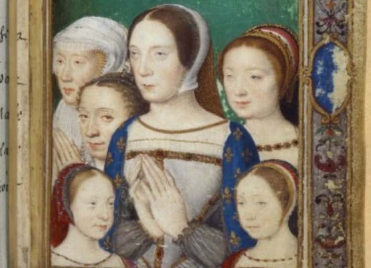 Claude de France (1499-1524), her daughters (Charlotte, Madeleine and Marguerite), her sister Renée and Eleonore of Habsbourg, in Livre d'heures de Catherine de Medicis.