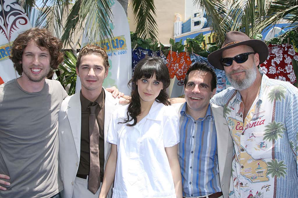 Actors Jon Heder, Shia LaBeouf, Zooey Deschanel, Mario Cantone and Jeff Bridges arrive at the Sony Pictures premiere of ''Surfs Up''