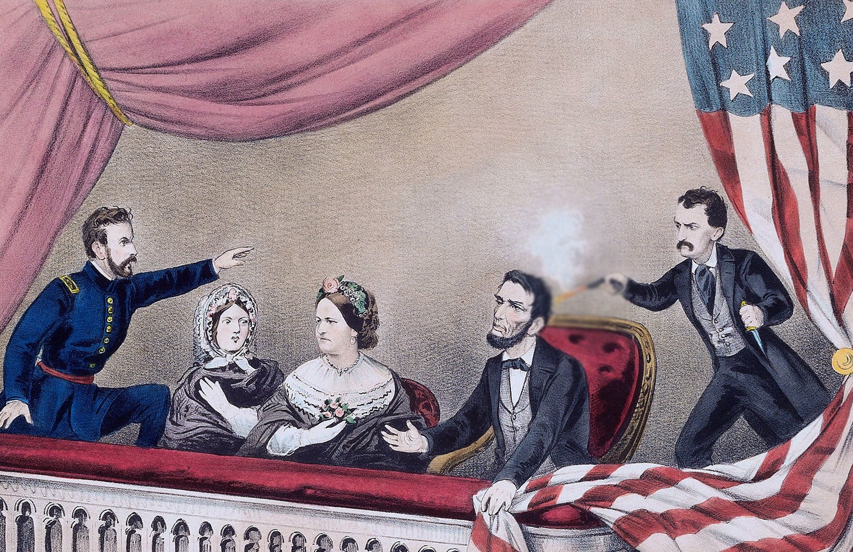 Assassination of Abraham Lincoln, 1865, hand-colored lithograph on paper by Currier & Ives Lithography Company