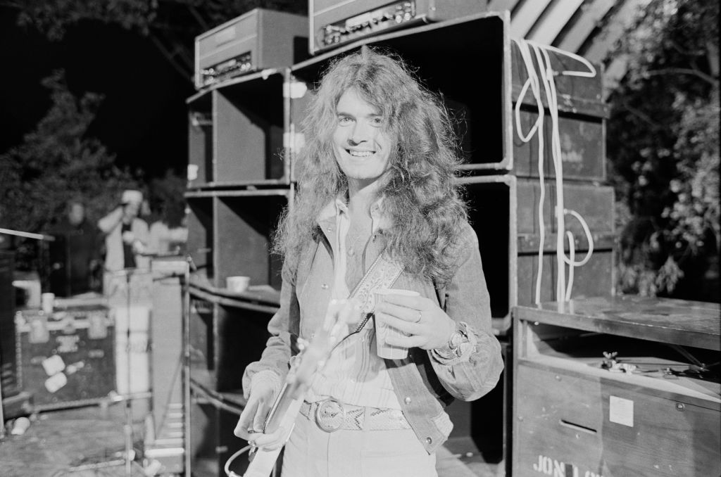 Bassist Glenn Hughes on stage with English rock group Deep Purple at the California Jam rock festival, at the Ontario Motor Speedway, Ontario, California, 6th April 1974
