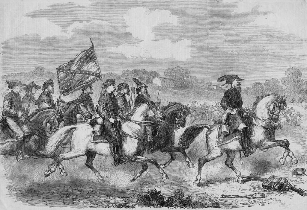 Confederate Major General James Ewell Brown "Jeb" Stuart commander of the Cavalry Corps, Army of Northern Virginia leads troops 
