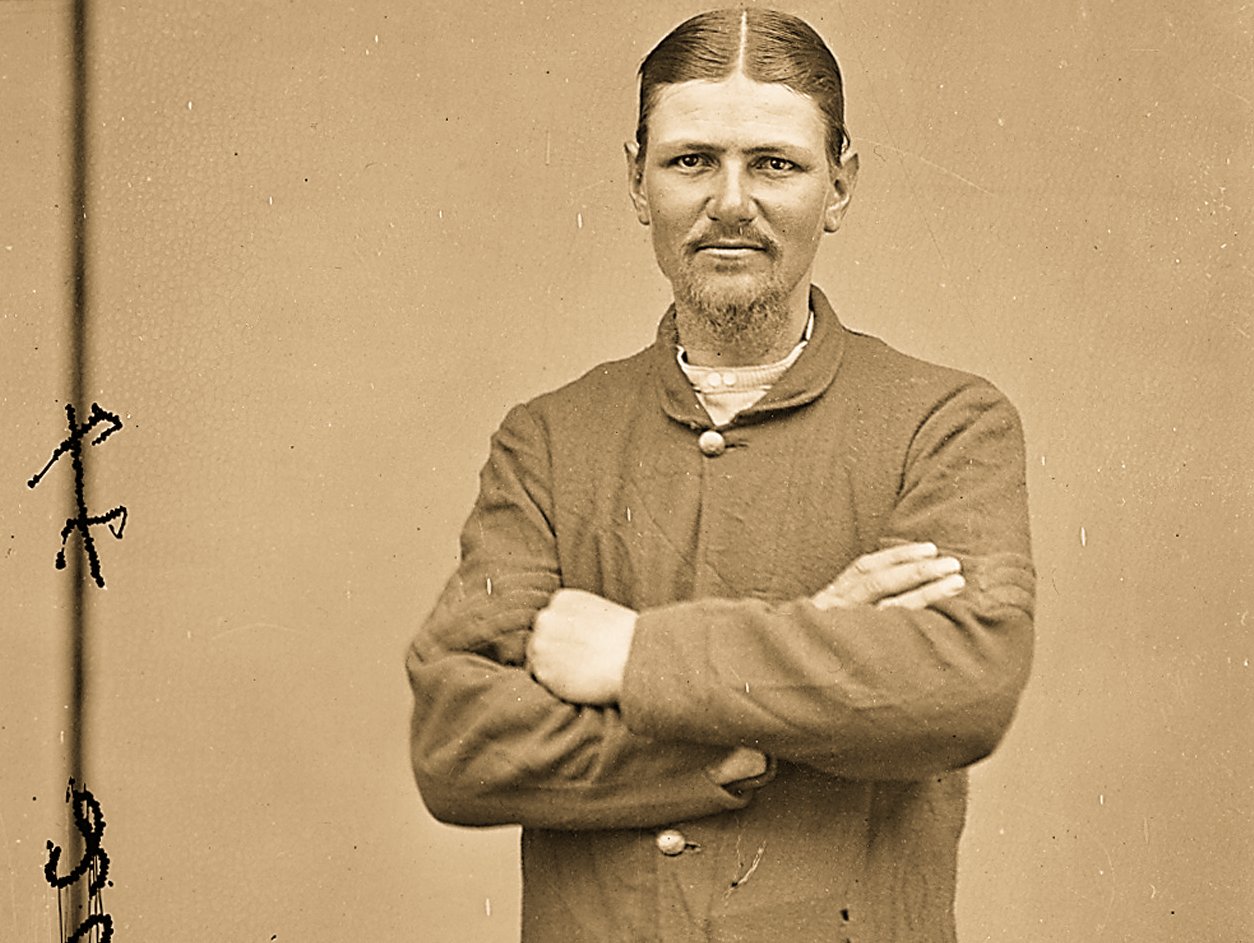 Sergt. Boston Corbett portrait with crossed arms between circa 1860 and circa 1865