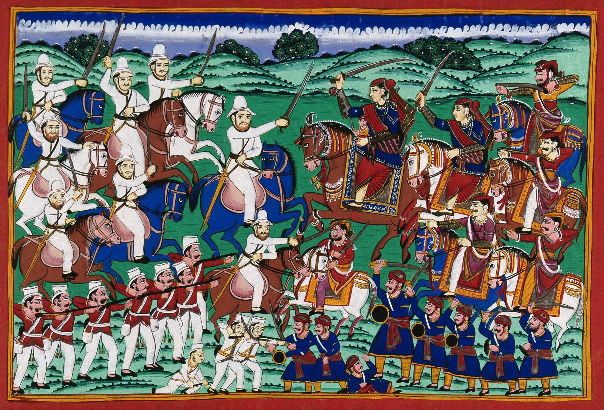 The Rani of Jhansi leads her troops in the siege of Jhansi fort, Gouache painting.