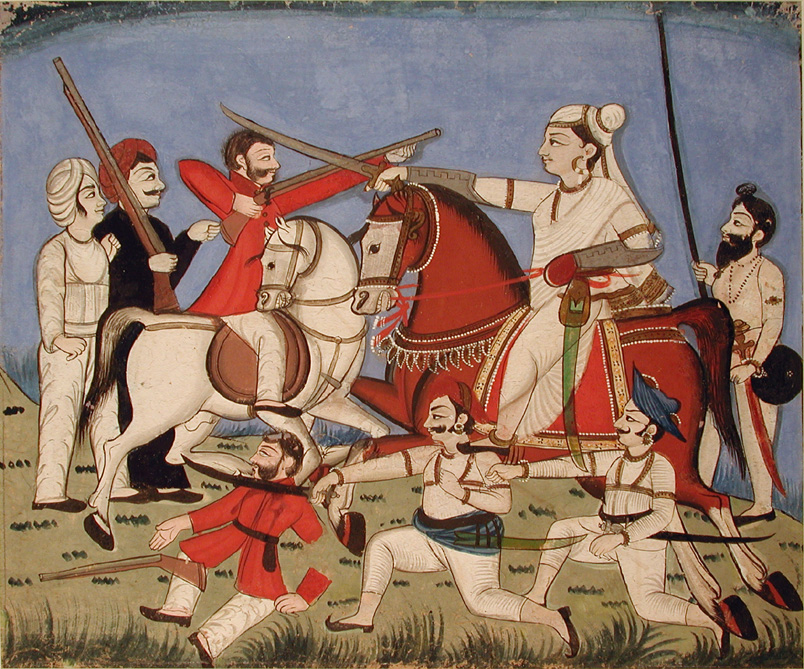 The Rani of Jhansi on horseback kills an Englishman with her sword, illustration