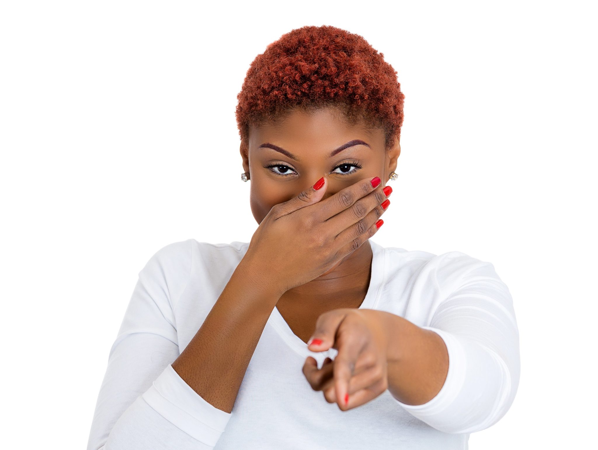 Black woman with white shirt pointing.