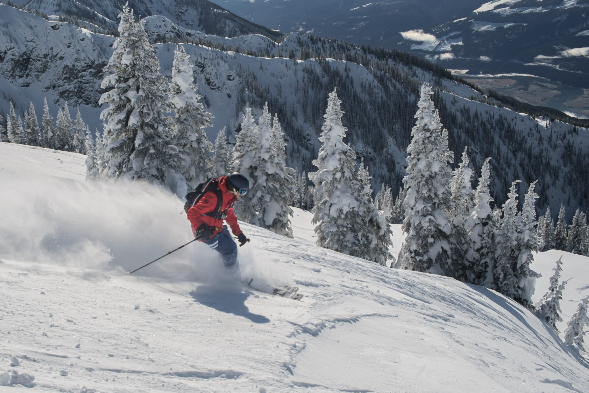 Man skiing in deep snow on the ,mountain