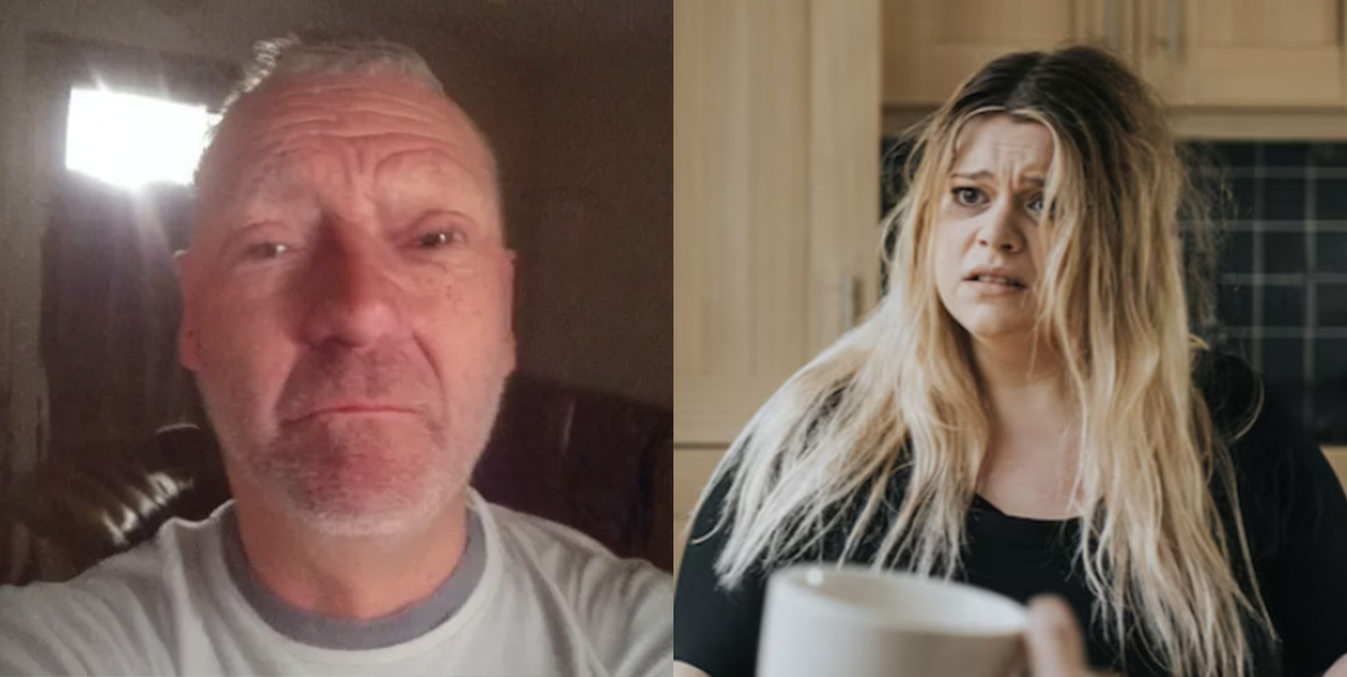 Middle aged man and stressed out woman split image