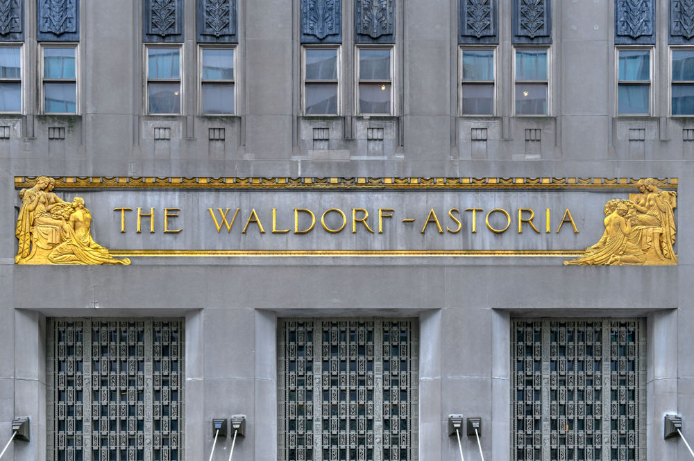 Entrance of the Waldorf Astoria grand hotel in Manhattan