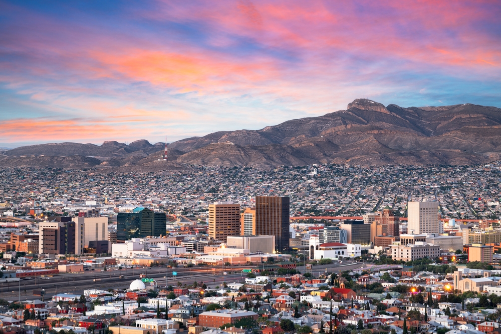 El Paso, Texas, USA downtown city skyline at dusk with Juarez, Mexico in the distance