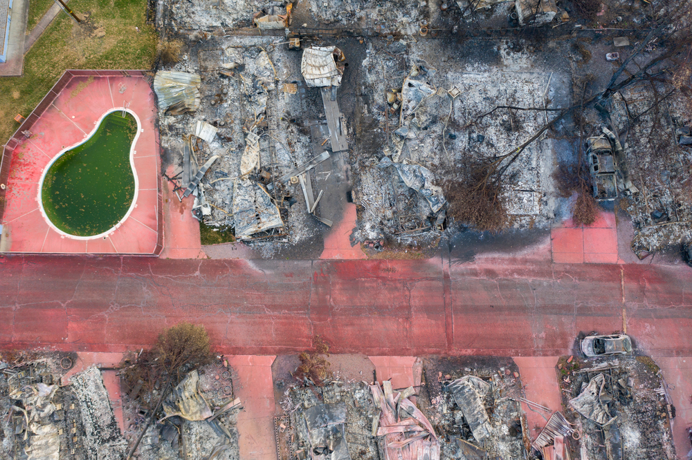 Aerial view of a burned down community and vehicles from the 2020 Almeda forest fire in Southern Oregon