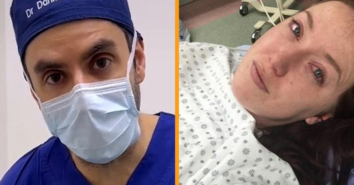 Woman in hospital bed is talking with a doctor.