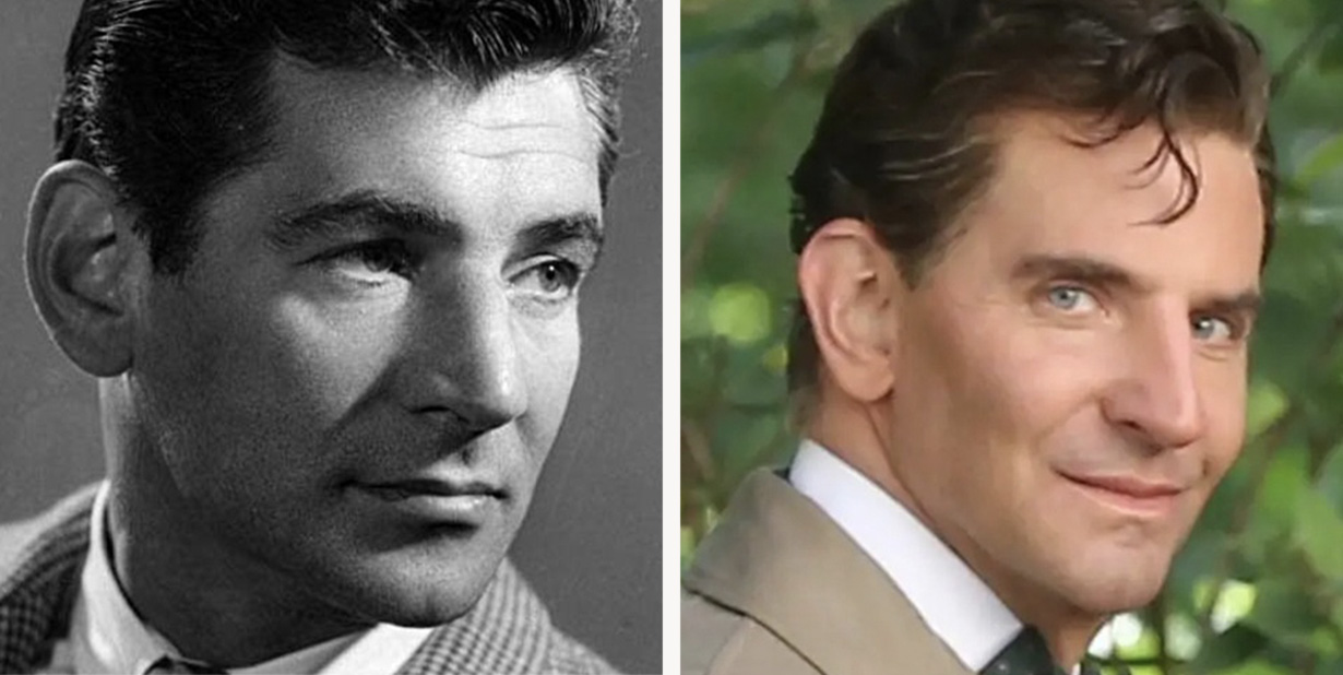 American Composer Leonard Bernstein conducts an orchestra