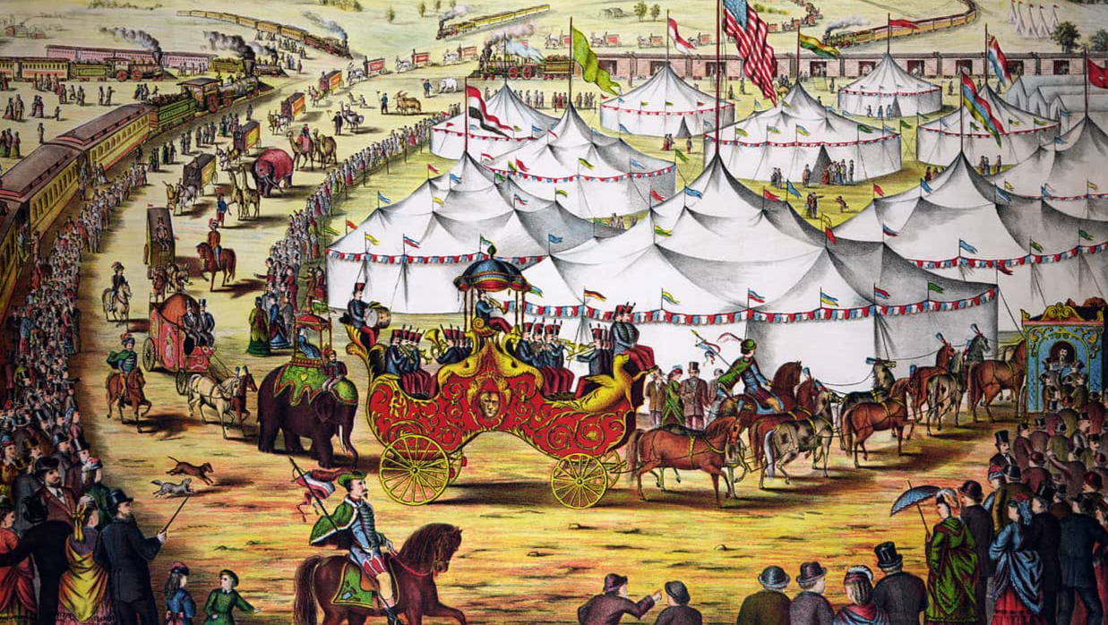 Circus parade around tents