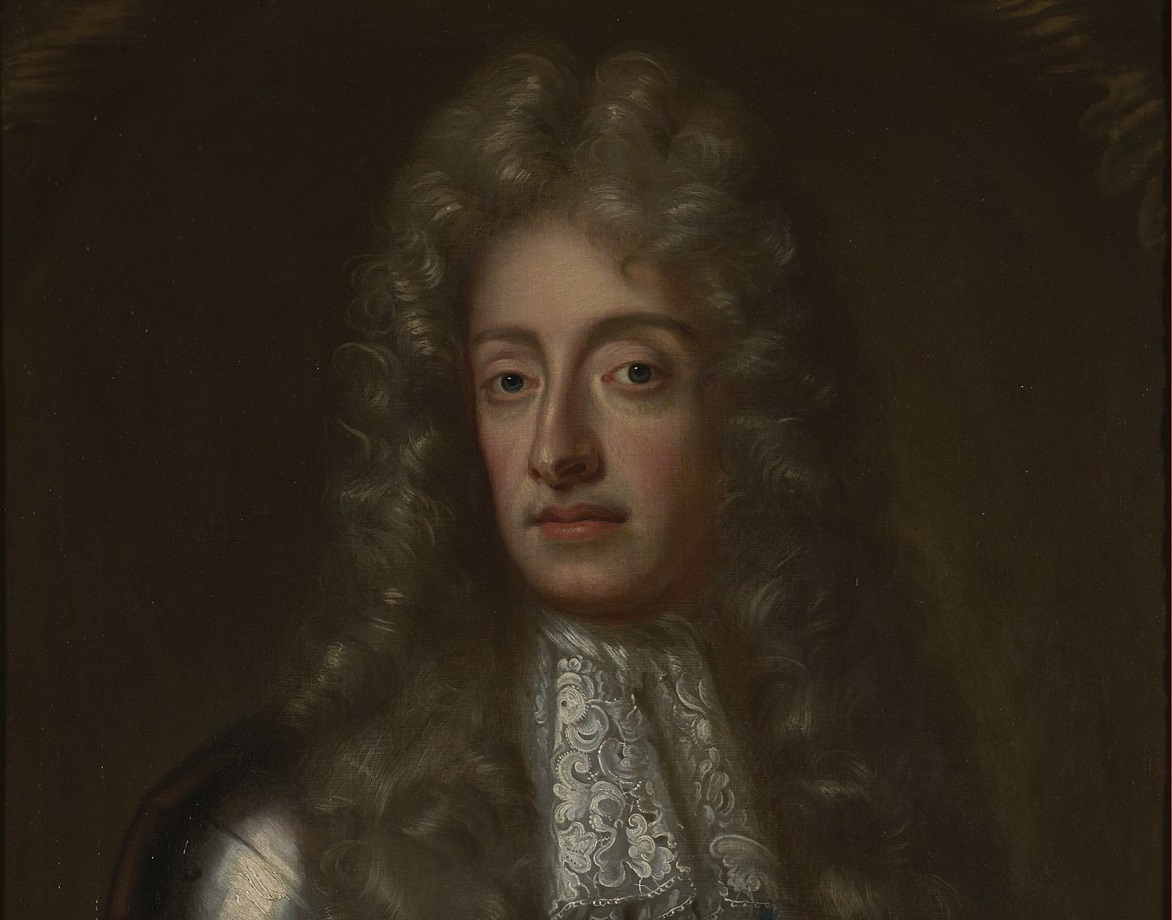 Portrait painting of James II of England with long hair is looking at front.