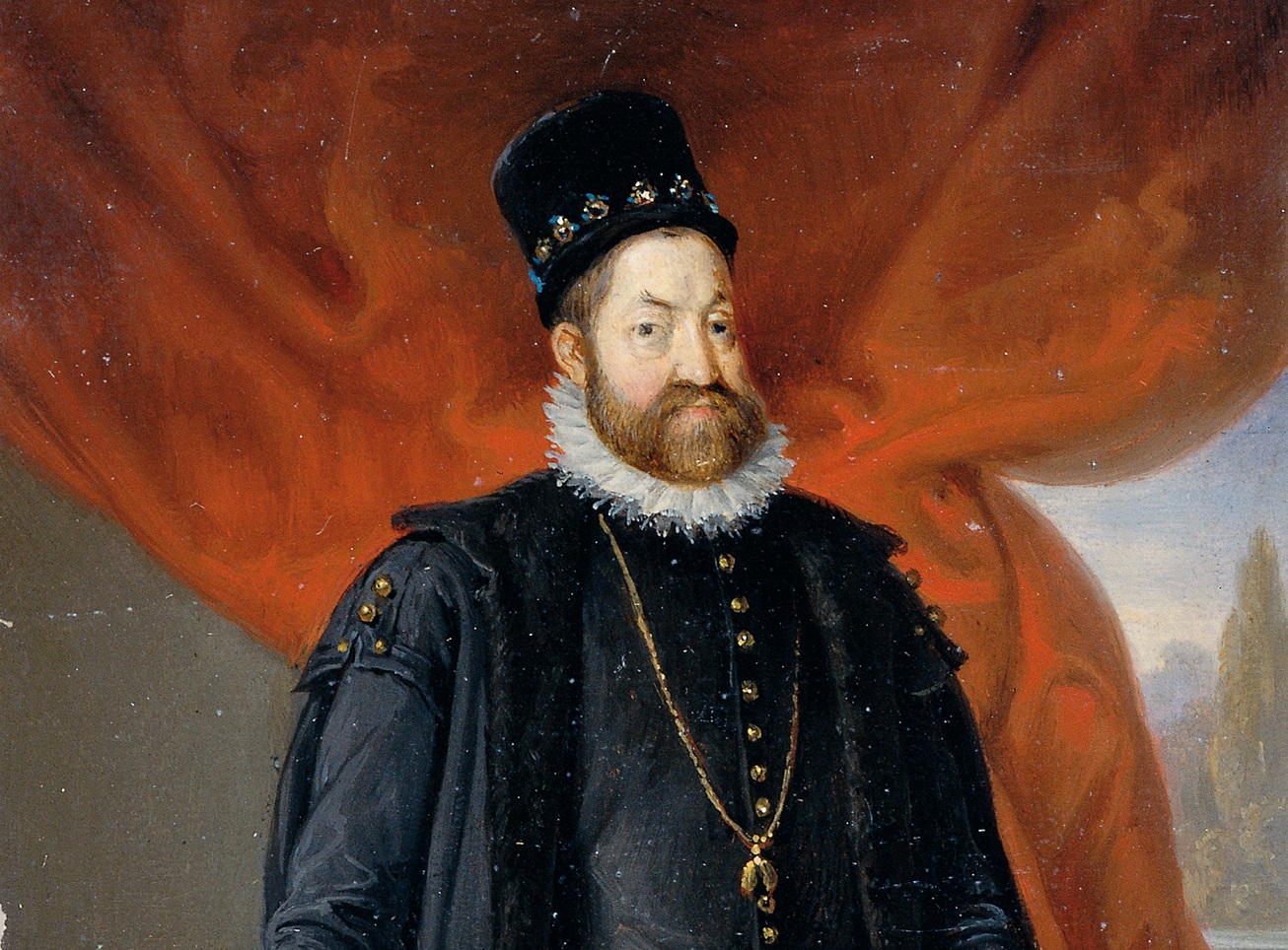 Portrait of Emperor Rudolf II in black clothes and hat.