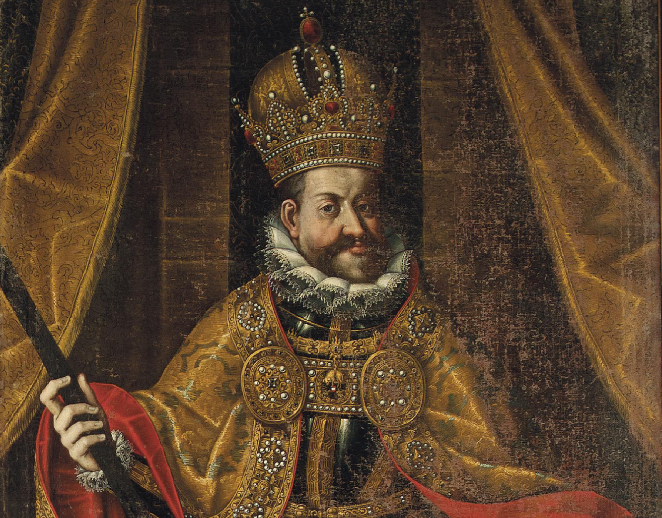 Portrait of Emperor Rudolf II wearing crown.