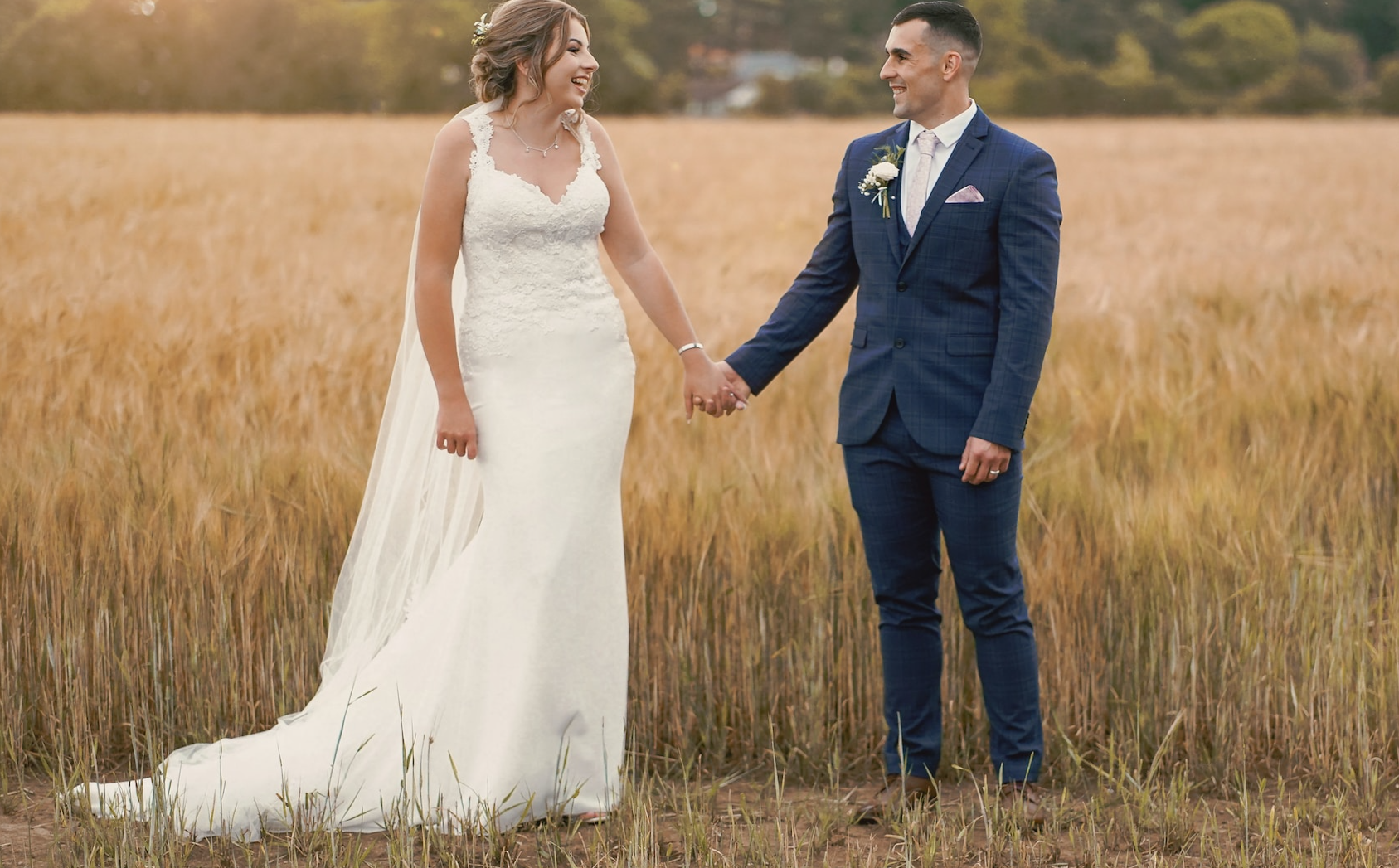 Bride and groom at their wedding on a farm