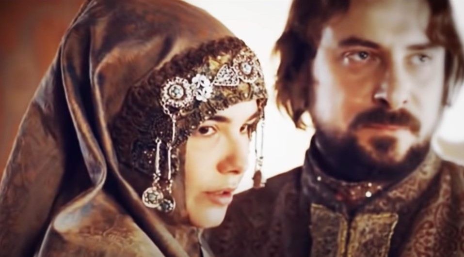 Ivan III of Russia and Mariya Andreeva as Sophia Palaiologina sitting on thrones