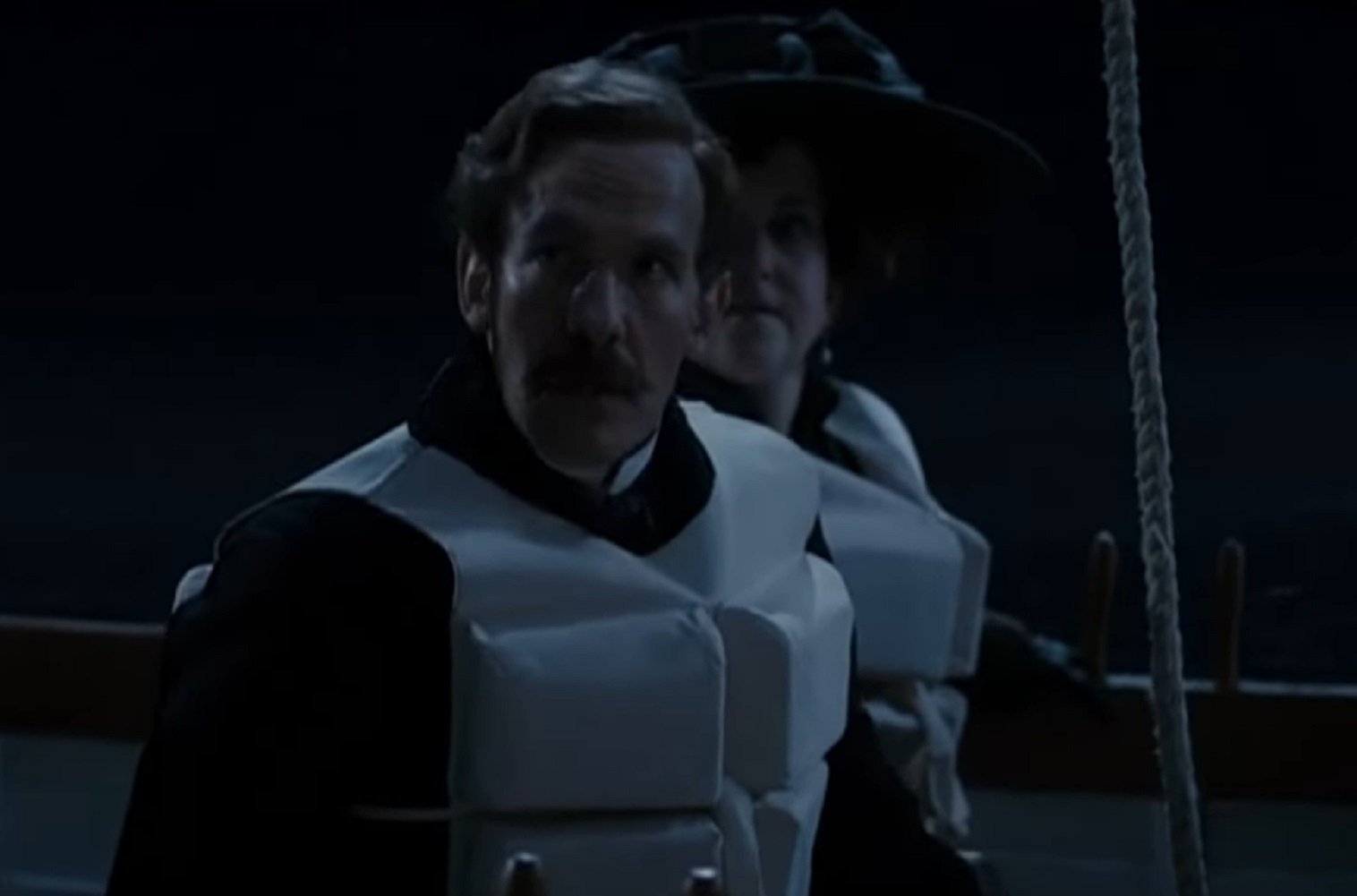 Screenshot: Lady Duff-Gordon and Cosmo Duff-Gordon are looking at side- from Titanic (Mini Series 2012)