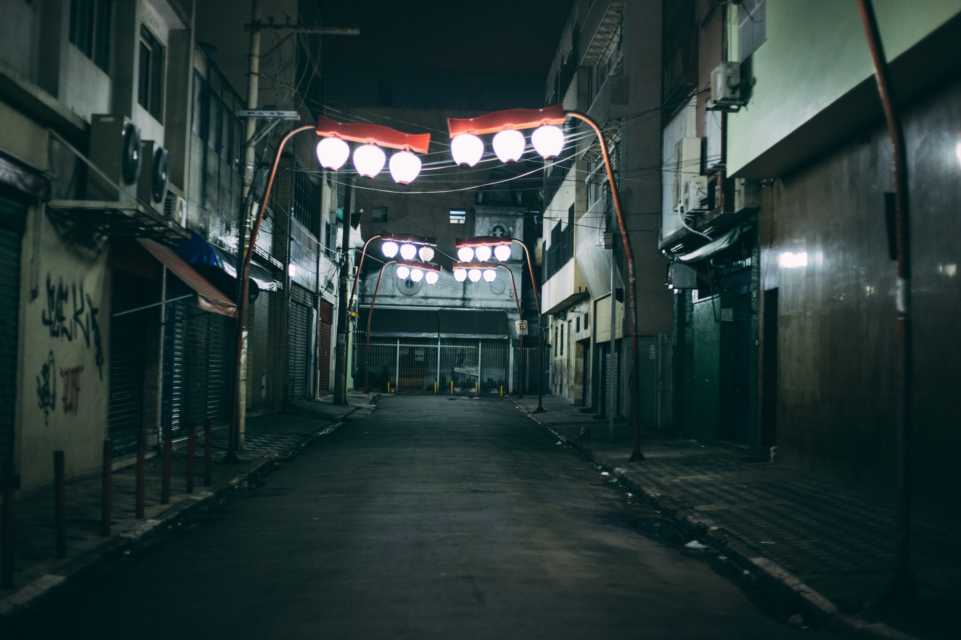 dark street with white lights