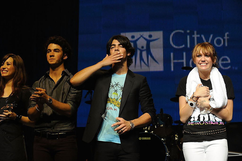 Singer Demi Lovato, Kevin Jonas, Joe Jonas of The Jonas Brothers and actress/singer Miley Cyrus at the City of Hope Benefit Concert with Miley Cyrus & Jonas Brothers at the Gibson Amphitheater Universal City Walk on September 14, 2008