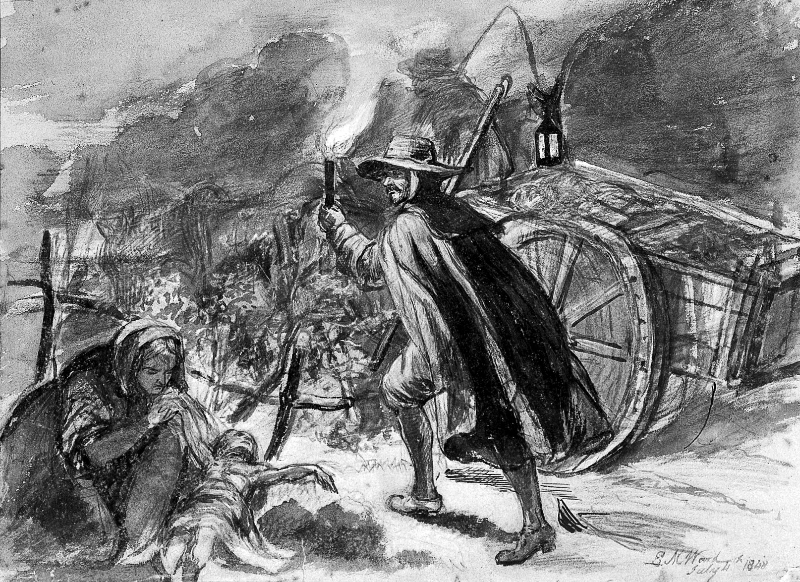 A Man With A Torch Walking Alongside A Cart Of Plague Victim