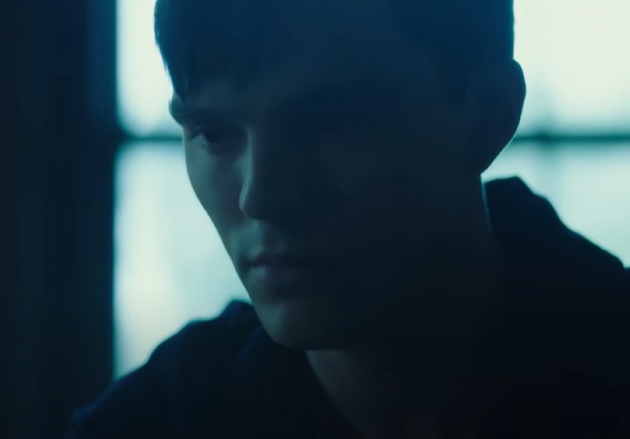 Screenshot: J.D. Salinger wearing dark shirt is looking at side - from Rebel in the Rye (2017)