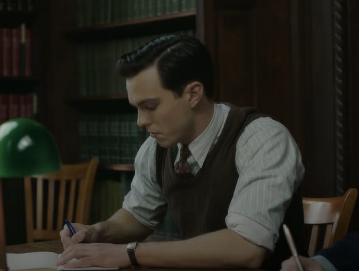 Screenshot: J.D. Salinger wearing shirt and west is writing - from Rebel in the Rye (2017)