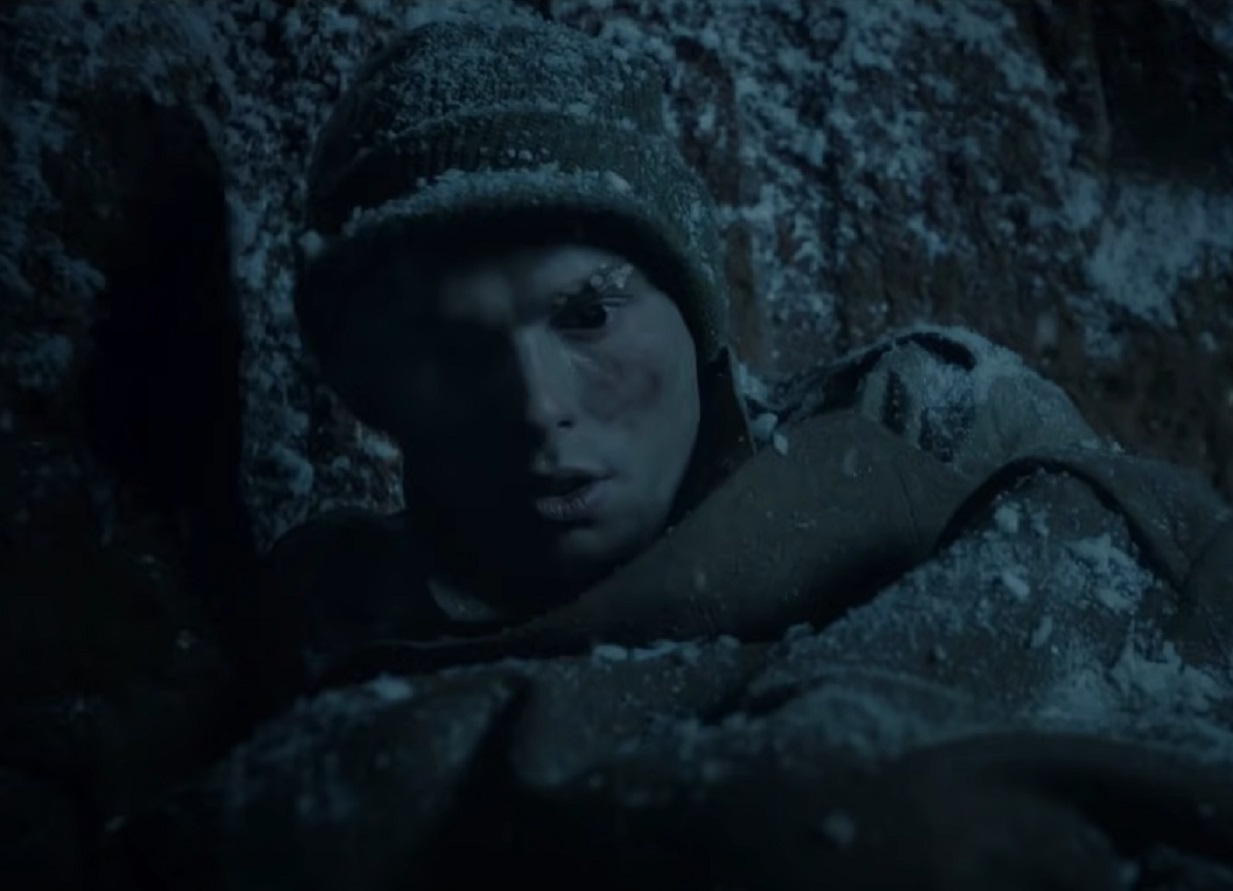 Screenshot: J.D. Salinger wearing military helmet is standing outside - from Rebel in the Rye (2017)